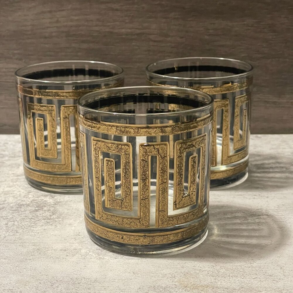 Vintage Culver 22K Gold Greek Key Barware Double Old Fashioned Glasses Set of 3